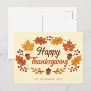 Cute Happy Thanksgiving Leaf Wreath Personalised Holiday Postcard
