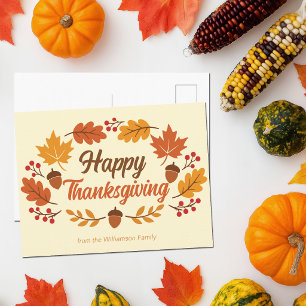 Cute Happy Thanksgiving Leaf Wreath Personalised Holiday Postcard