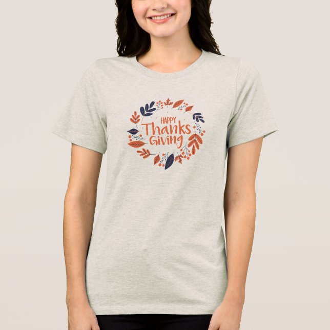 Cute Happy Thanksgiving Turkey Day With Floral Tri-Blend Shirt (Front)