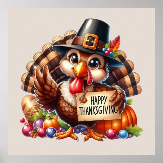 Cute Happy Thanksgiving turkey  Poster (Front)