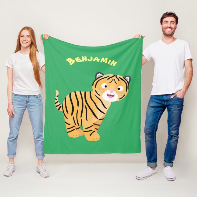 Cute  happy tiger cub cartoon fleece blanket (In Situ)