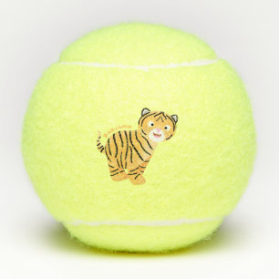 Cute happy tiger cub cartoon tennis balls