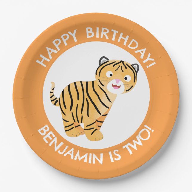 Cute happy tiger cub personalised cartoon birthday paper plate (Front)