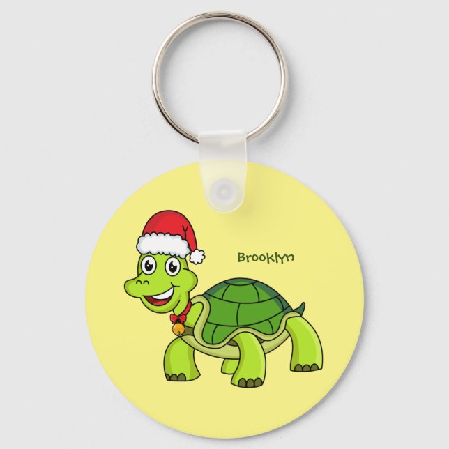 Cute happy tortoise wearing Santa hat Key Ring (Front)
