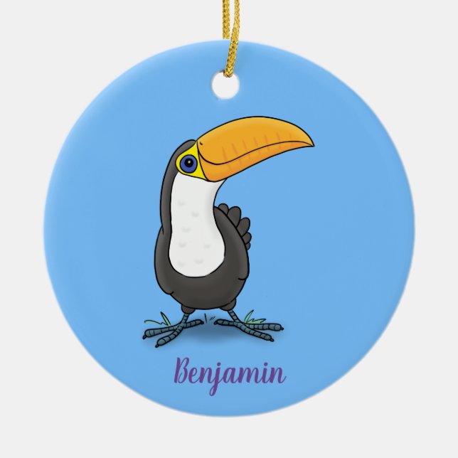 Cute happy toucan cartoon illustration ceramic tree decoration (Front)