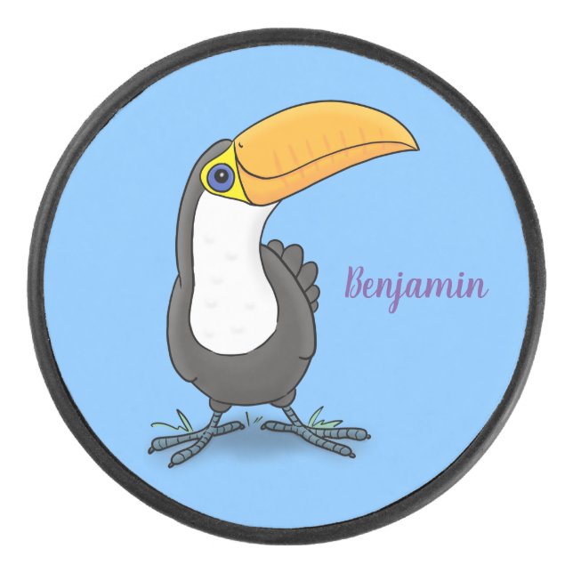Cute happy toucan cartoon illustration hockey puck (Front)