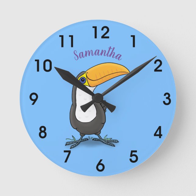 Cute happy toucan cartoon illustration round clock (Front)