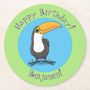 Cute happy toucan cartoon illustration round paper coaster