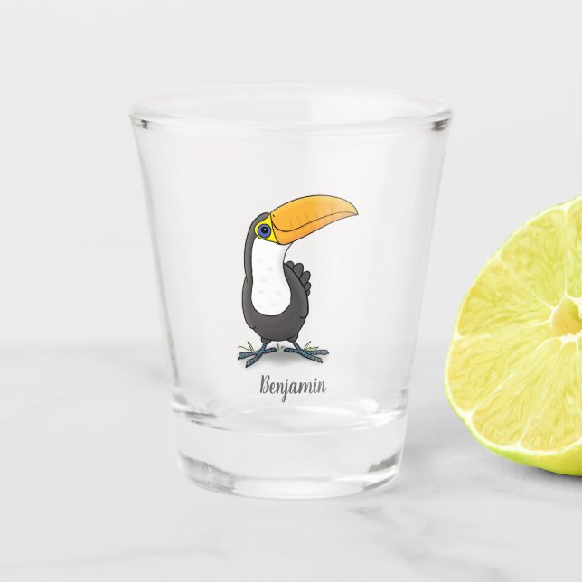 Cute happy toucan cartoon illustration shot glass (Front)