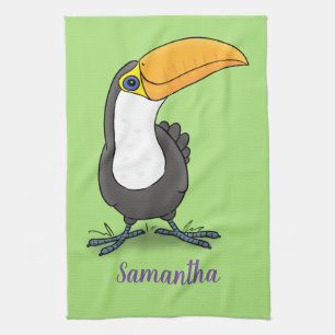 Cute happy toucan cartoon illustration tea towel
