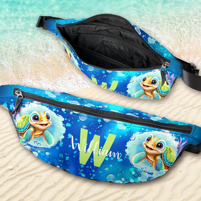 Cute Happy Turtle Boy Ocean Blue Name Bum Bags (Cute Happy Turtle Boy Ocean Blue Name Fanny Pack)