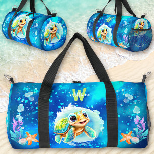 Cute Happy Turtle Boy Ocean Blue Name Duffle Bag