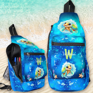 Cute Happy Turtle Boy Ocean Blue Name Sling Bag