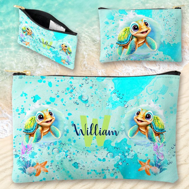 Cute Happy Turtle Boy Ocean Blue Turquoise Name Accessory Pouch (Cute Happy Turtle Boy Ocean Blue Turquoise Name Accessory Pouch)