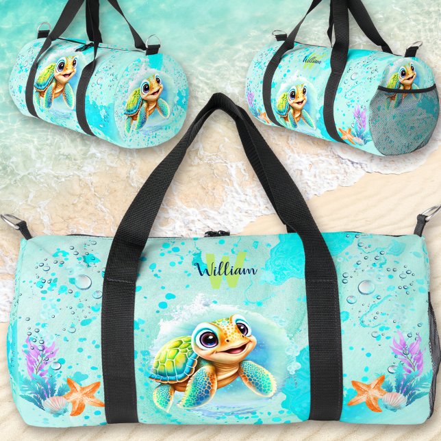 Cute Happy Turtle Boy Ocean Blue Turquoise Name Duffle Bag (Cute Happy Turtle Boy Ocean Blue Turquoise Name Duffle Bag)