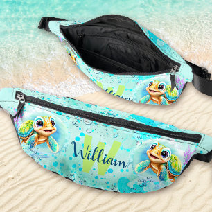 Cute Happy Turtle Boy Ocean Turquoise Name Bum Bags