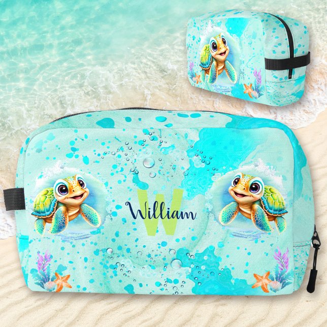 Cute Happy Turtle Boy Ocean Turquoise Name Dopp Kit (Cute Happy Turtle Boy Ocean Turquoise Name Dopp Kit)