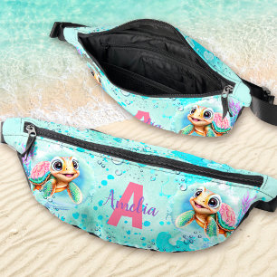 Cute Happy Turtle Girl Ocean Turquoise Name Bum Bags