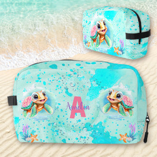 Cute Happy Turtle Girl Ocean Turquoise Pink Name Dopp Kit