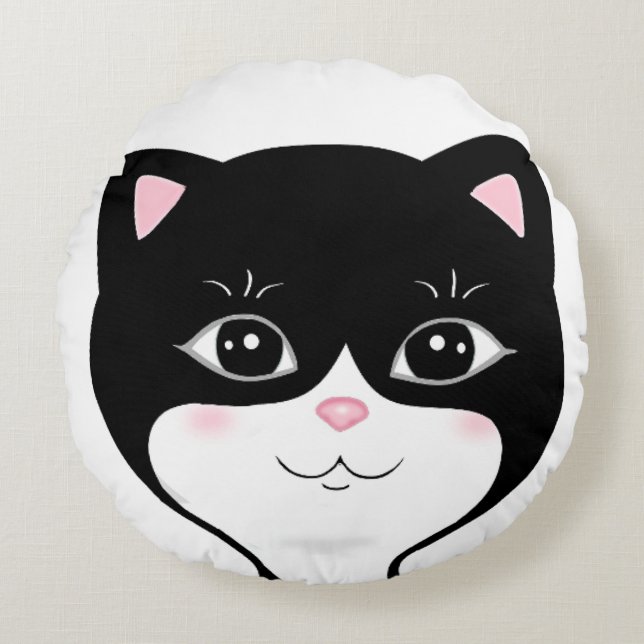 Cute Happy Tuxedo Cat Face Round Cushion (Front)
