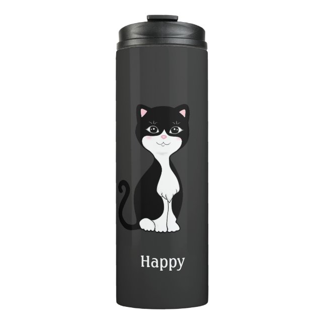Cute Happy Tuxedo Cat on Almost Black Thermal Tumbler (Front)