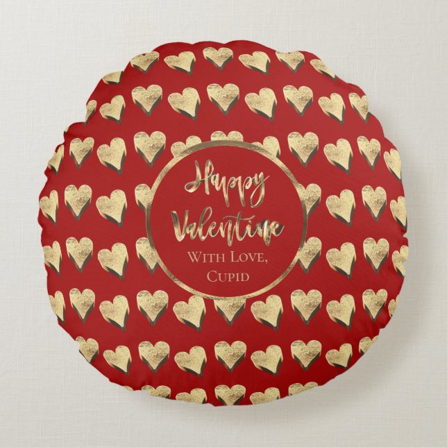 Cute Happy Valentine Hearts Pattern Red Round Cushion (Front)
