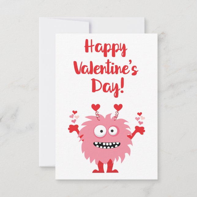 Cute Happy Valentine's Day Pink Cartoon Monster Card (Front)
