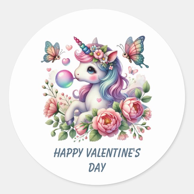 Cute Happy Valentine's Day unicorn  Classic Round Sticker (Front)