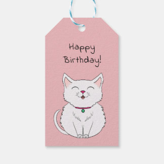 Cute Happy White and Pink Cat Illustration Gift Tags