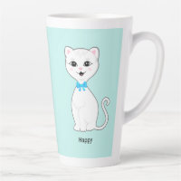 Cute Happy White Cat on Light Blue