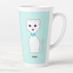 Cute Happy White Cat on Light Blue Latte Mug