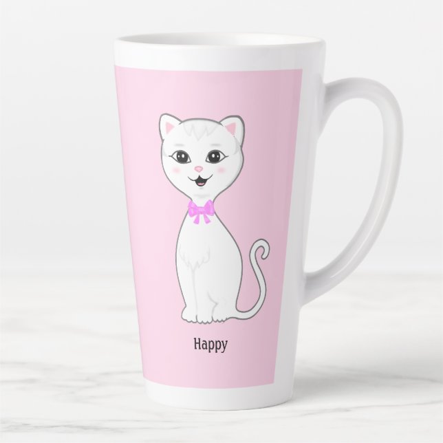 Cute Happy White Cat on Light Pink Latte Mug (Right)