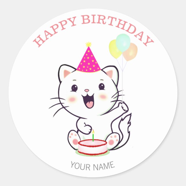 Cute Happy White Cat with Balloons Birthday Classic Round Sticker (Front)