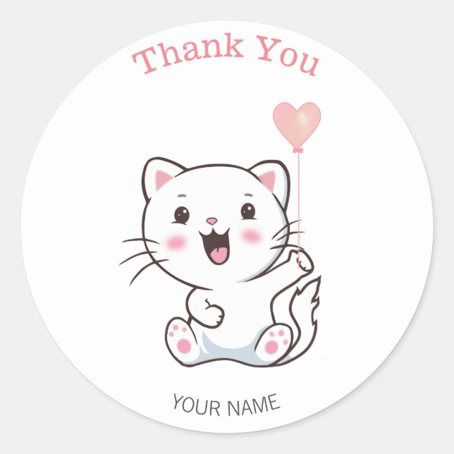 Cute Happy White Cat with Heart Balloon Thank You  Classic Round Sticker (Front)