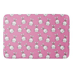 Cute Happy White Easter Bunny on Pink Bath Mat