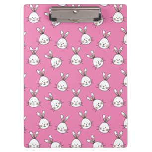 Cute Happy White Easter Bunny on Pink Clipboard