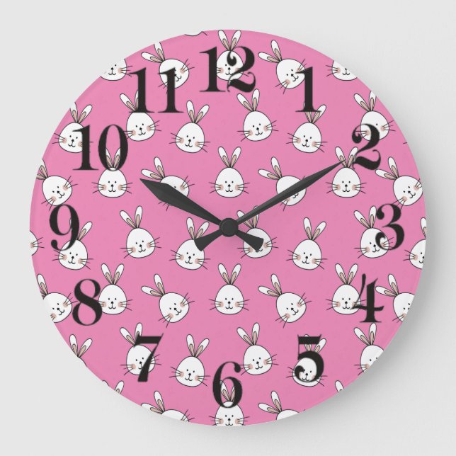 Cute Happy White Easter Bunny on Pink Large Clock (Front)
