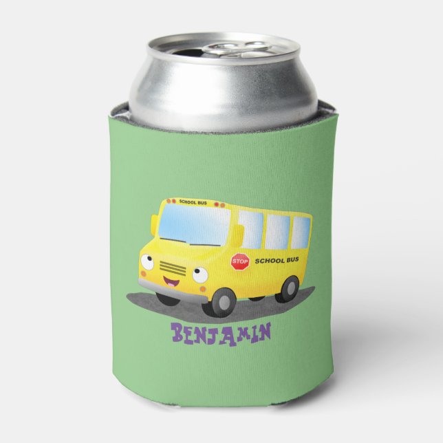 Cute happy yellow school bus cartoon can cooler (Can Front)