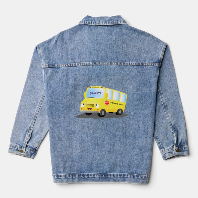 Cute happy yellow school bus cartoon denim jacket (Back)