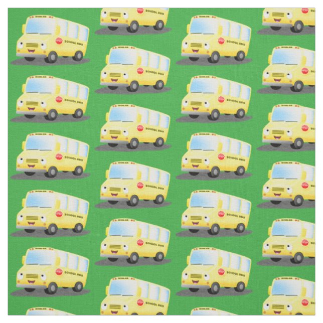 Cute happy yellow school bus cartoon fabric (Swatch)