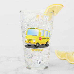 Cute happy yellow school bus cartoon glass