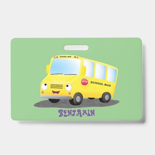 Cute happy yellow school bus cartoon  ID badge (Front)