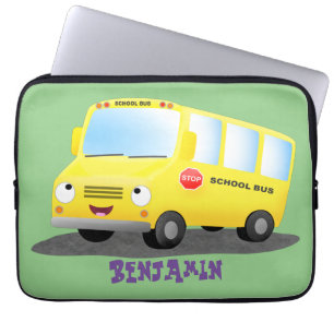 Cute happy yellow school bus cartoon laptop sleeve