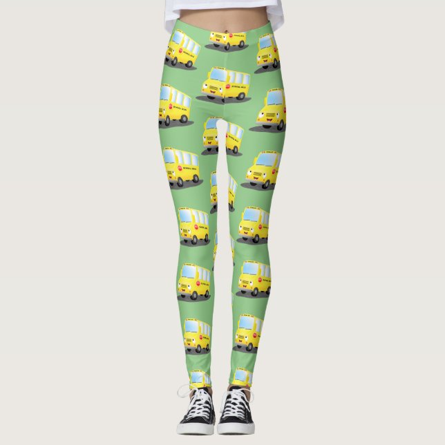 Cute happy yellow school bus cartoon leggings (Front)