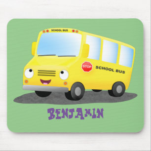 Cute happy yellow school bus cartoon mouse pad