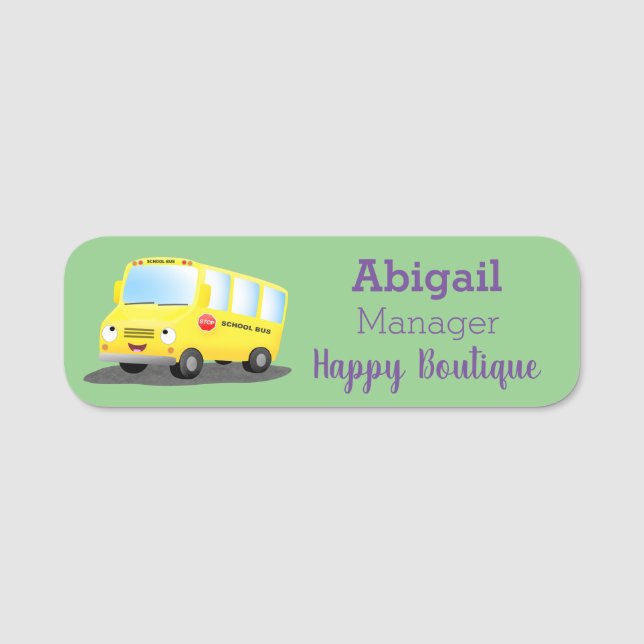 Cute happy yellow school bus cartoon name tag (Front)