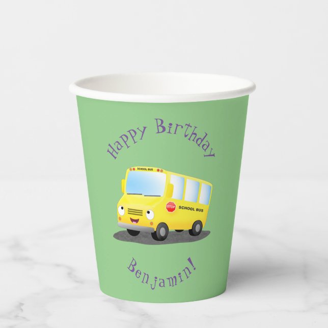 Cute happy yellow school bus cartoon paper cups (Front)