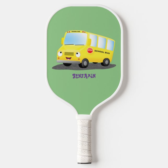 Cute happy yellow school bus cartoon pickleball paddle (Front)