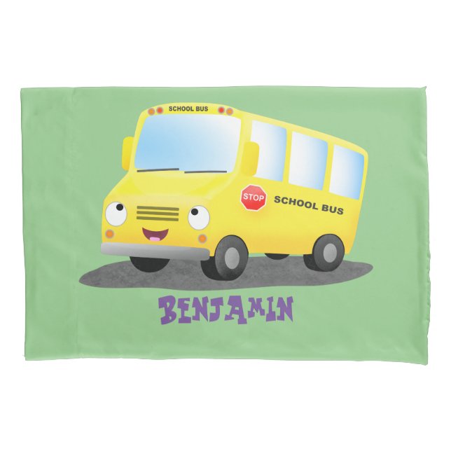 Cute happy yellow school bus cartoon pillowcase (Front)