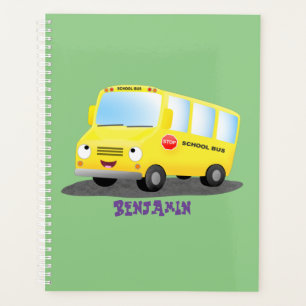Cute happy yellow school bus cartoon planner